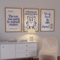 Set of 3 vertical navy and cream retro classroom prints with bold typography and character mascots including a trash can and walking book