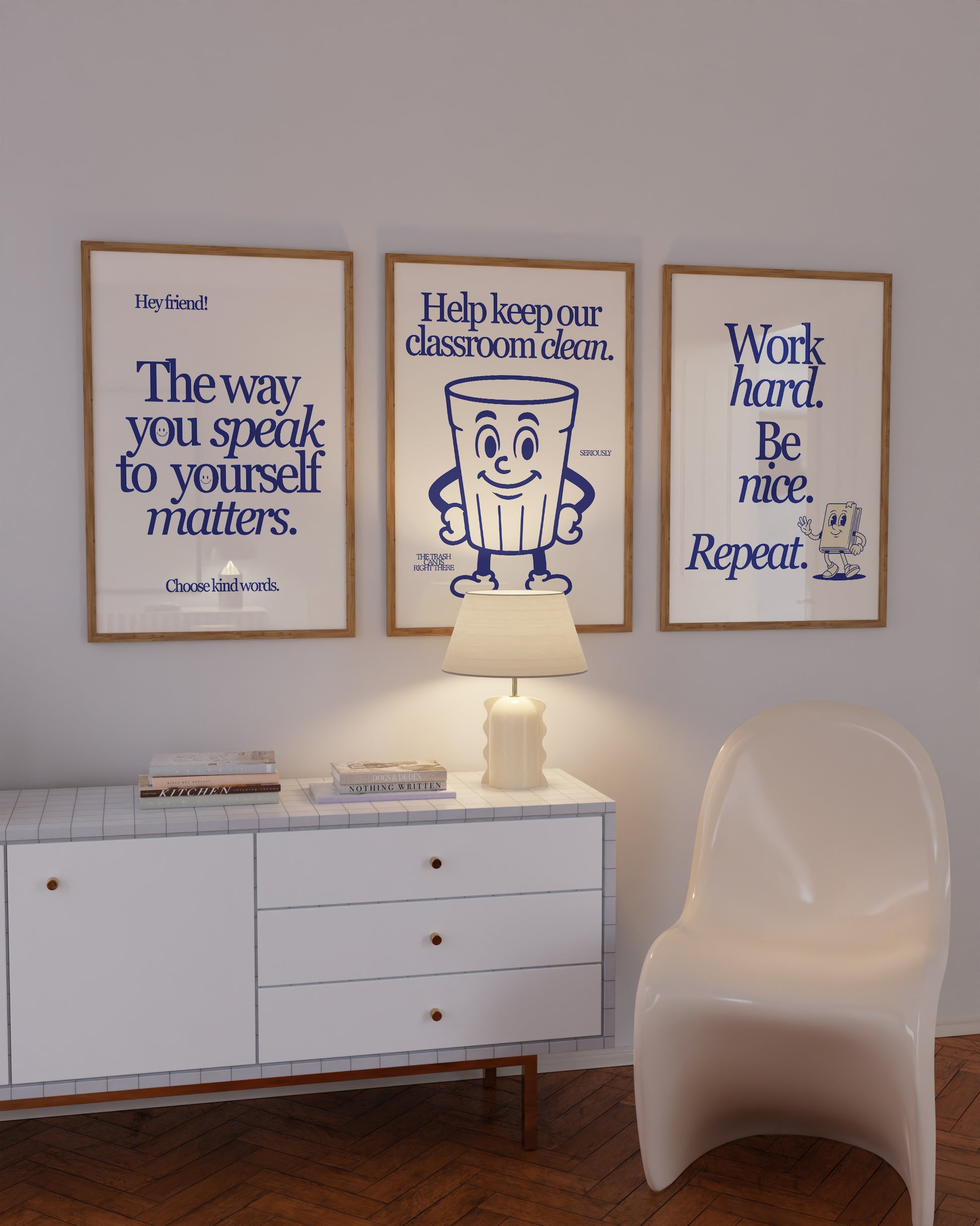 Set of 3 vertical navy and cream retro classroom prints with bold typography and character mascots including a trash can and walking book