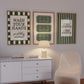 Set of 3 green bathroom prints: "Wash your hands ya filthy animal" in green cursive bordered by a green and cream checkered frame, three green ticket-stub illustrations reading "Splish Splash, Admit One," and "I See London I See France" in a scalloped stamp frame on green and cream stripes.