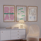 Set of 3 pastel classroom prints: "Teamwork makes the dream work" in green lettering on blue stripes, "READ more books" in pink bubble letters with green script, and "Be Kind Be Brave Be You" on a hand-drawn notebook page above two smiling star characters holding hands.