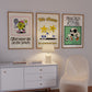 Set of 10 retro sports posters with smiling cartoon characters, including a soccer ball beside "Practice makes players," a basketball beside "Nobody scores alone," a tennis ball with racket beside "Effort never sits on the bench," a volleyball beside "Fast or slow, way to go," a football beside "Hustle with a smile," a foam finger beside "Good sports finish first," and high-fiving stars beside "We cheer for everyone here," in a vintage cream, green, and blue palette.