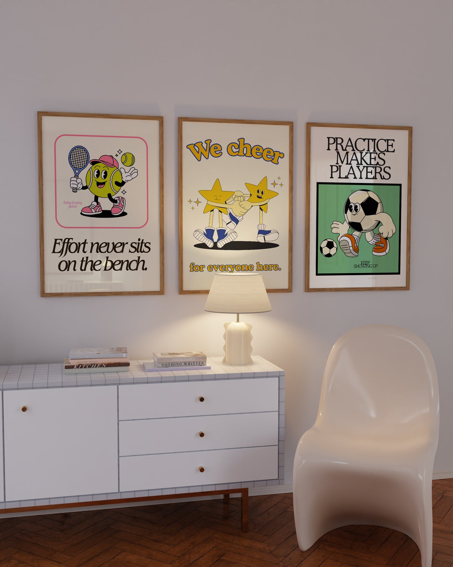 Set of 10 retro sports posters with smiling cartoon characters, including a soccer ball beside "Practice makes players," a basketball beside "Nobody scores alone," a tennis ball with racket beside "Effort never sits on the bench," a volleyball beside "Fast or slow, way to go," a football beside "Hustle with a smile," a foam finger beside "Good sports finish first," and high-fiving stars beside "We cheer for everyone here," in a vintage cream, green, and blue palette.