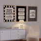 Set of 3 black and white bathroom prints: "Wash your hands ya filthy animal" in black cursive bordered by a black and white checkered frame, three black ticket-stub illustrations reading "Splish Splash, Admit One," and "I See London I See France" in a scalloped stamp frame on black and white stripes.