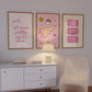 Pink dorm gallery set of 3 prints displayed above white sideboard — preppy sassy dorm room wall art instant download