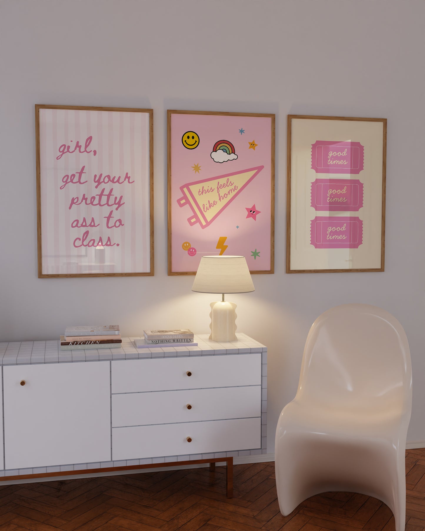 Pink dorm gallery set of 3 prints displayed above white sideboard — preppy sassy dorm room wall art instant download