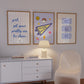 Set of 3 vertical preppy blue dorm room prints featuring a cursive stripe quote, a varsity pennant with stickers, and a retro good times ticket design