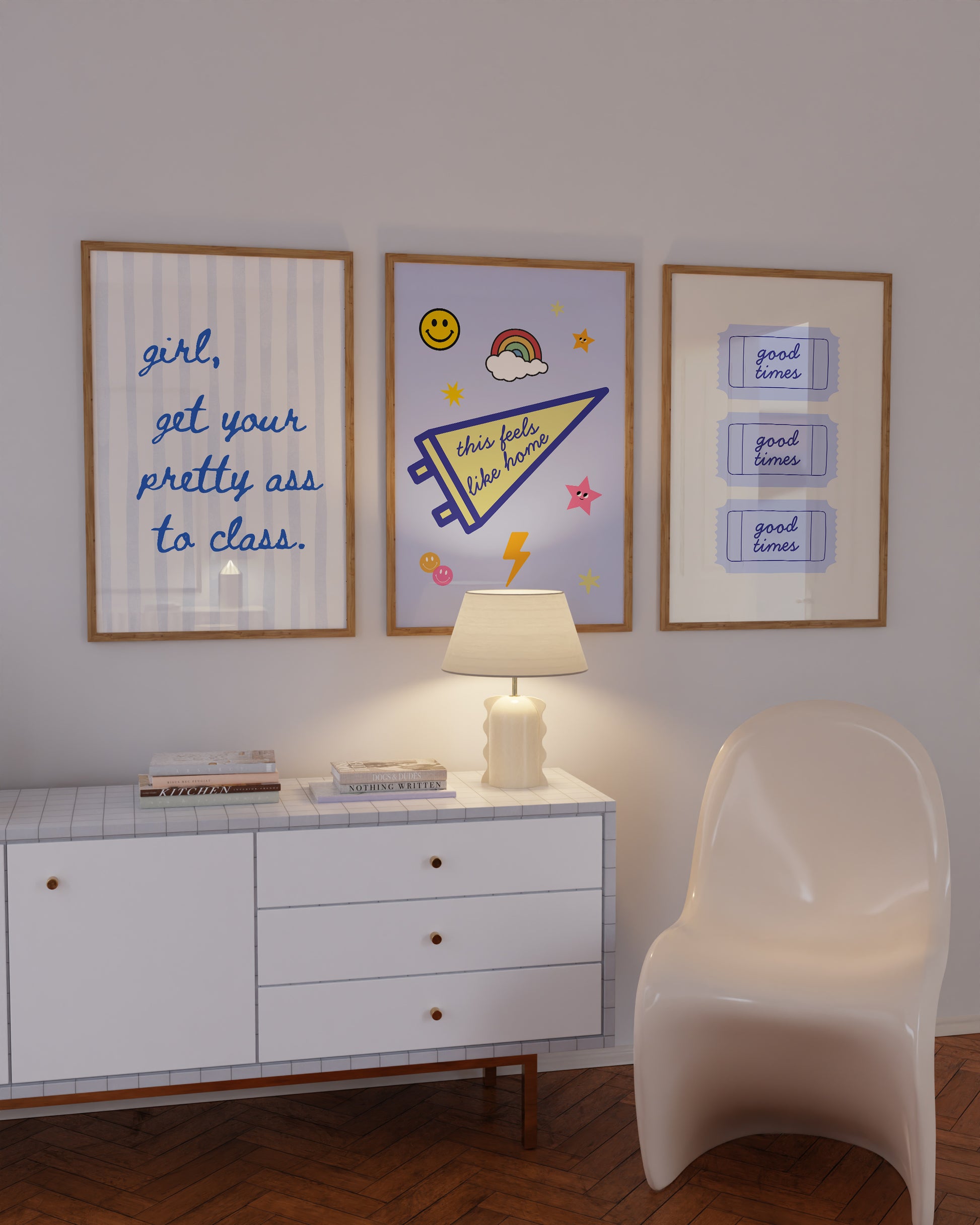 Set of 3 vertical preppy blue dorm room prints featuring a cursive stripe quote, a varsity pennant with stickers, and a retro good times ticket design
