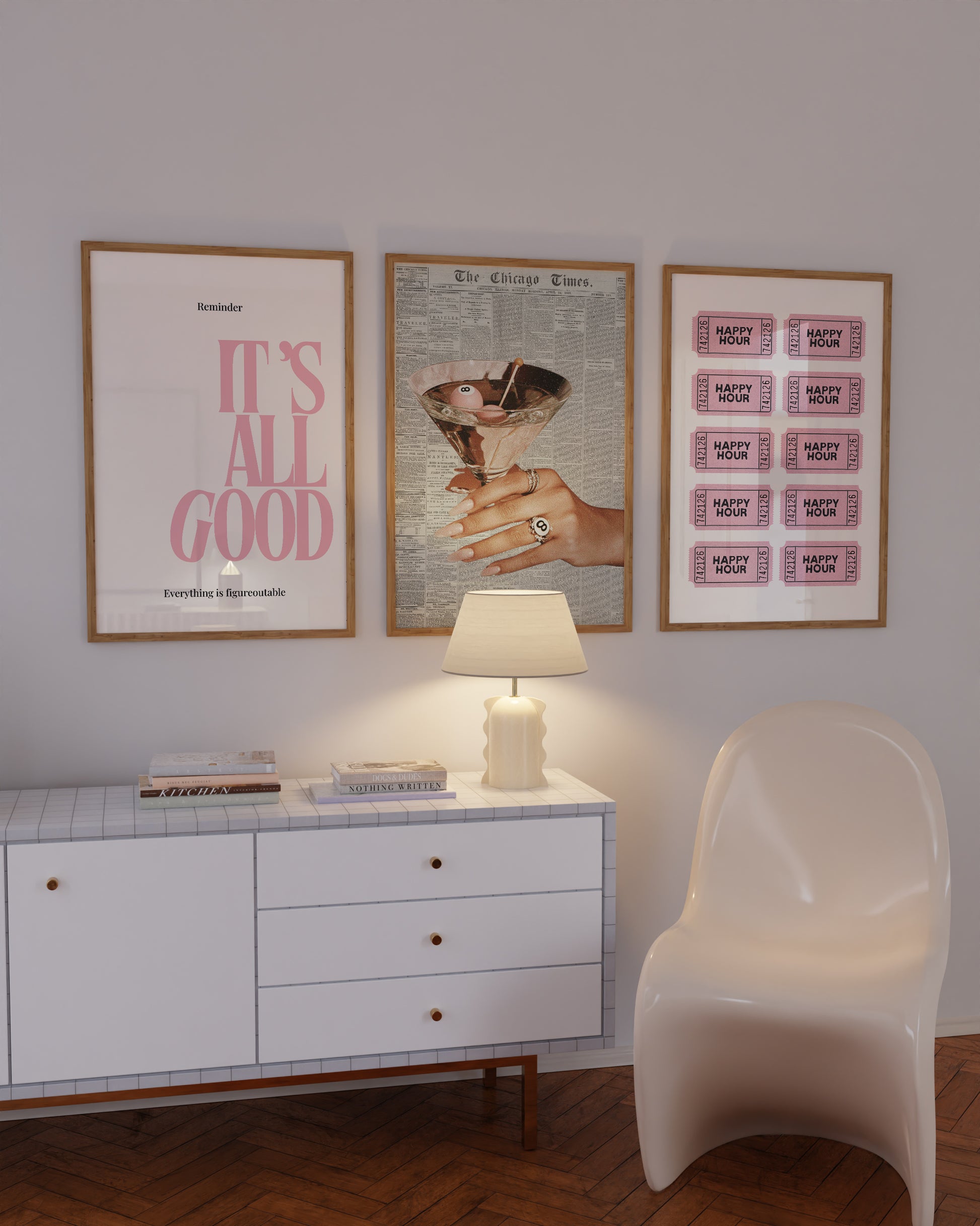Set of three prints featuring bold pink 'It's All Good' typography, a vintage newspaper cocktail print, and a pink 'Happy Hour' ticket grid