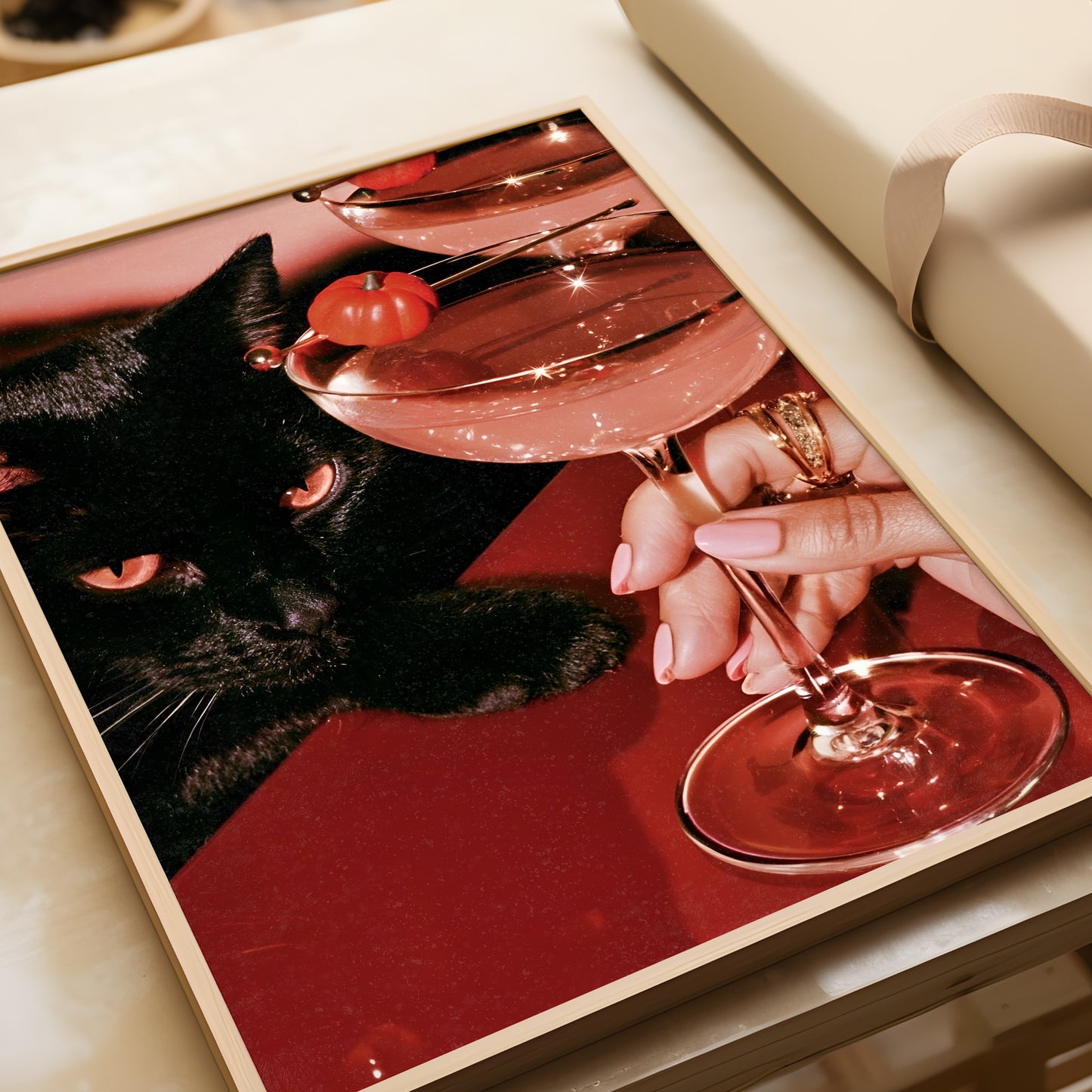 Vertical photographic print of a black cat with amber eyes resting beside two pink martini cocktails garnished with tiny orange pumpkins, on a deep red surface with a woman's hand holding one glass stem.