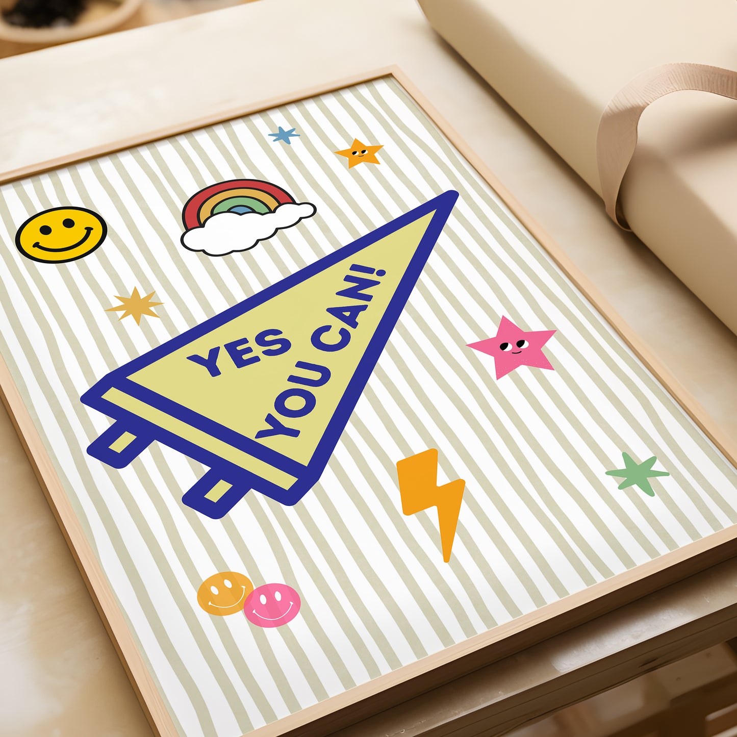 Yes You Can pennant art print overhead view on styled desk — whimsical motivational classroom wall decor