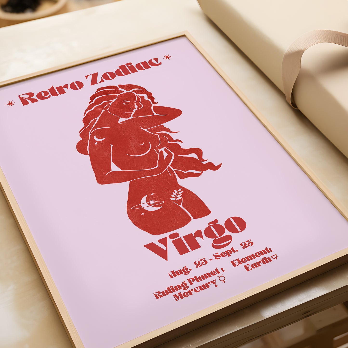 Retro Zodiac Virgo Goddess Wall Art Print, Sun Sign Art