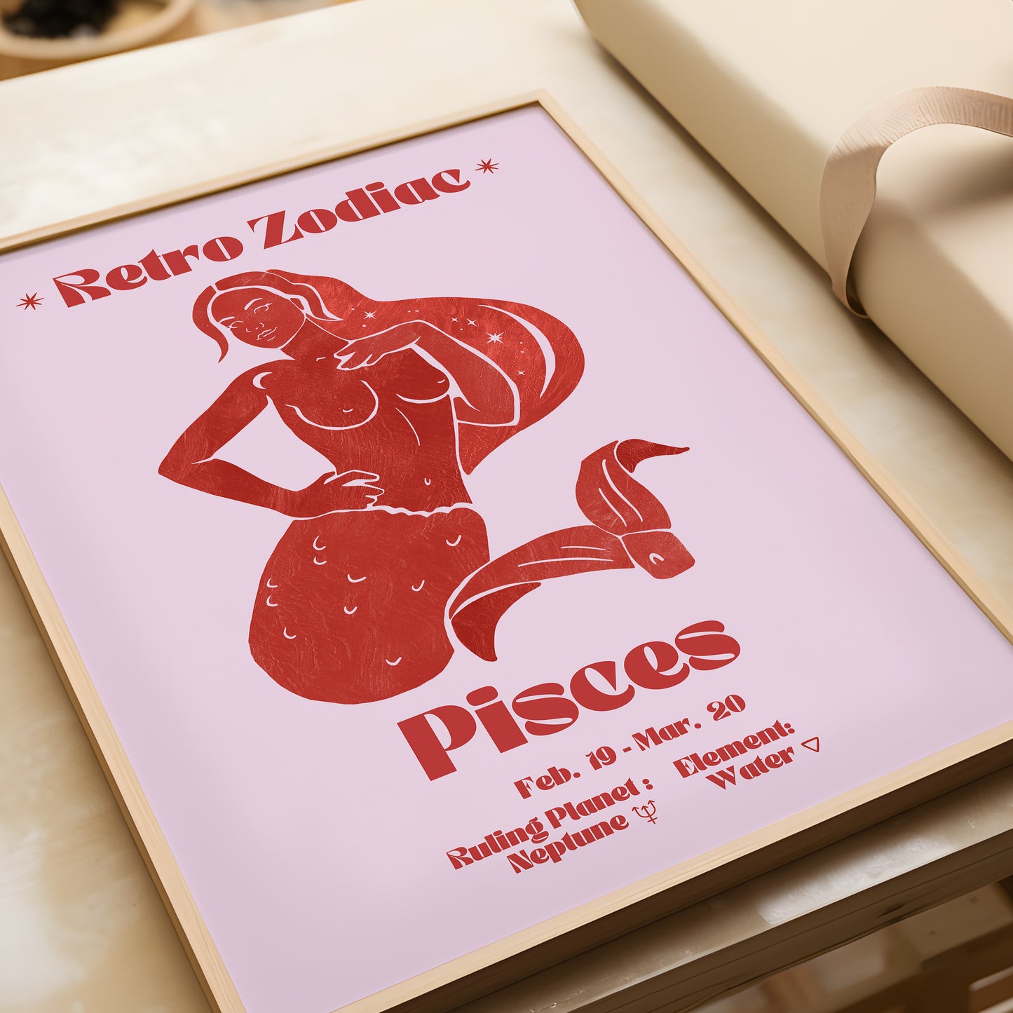 Retro Zodiac Pisces Goddess Wall Art Print, Sun Sign Art