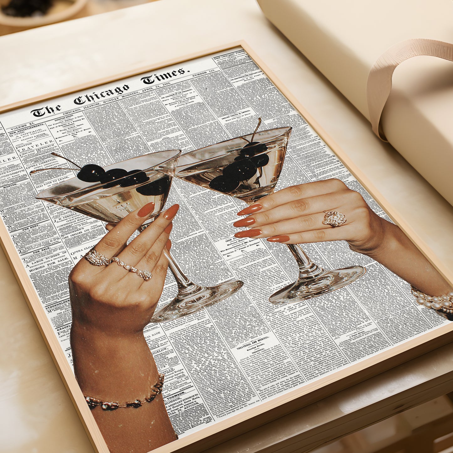 Retro Cherry Martini Newspaper Print - Digital Print