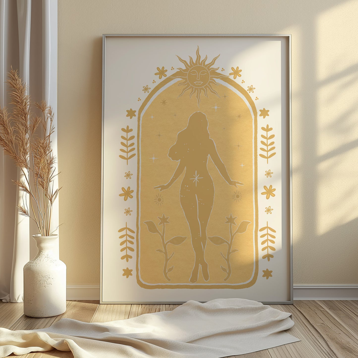 Yellow Sun Goddess Boho Wall Art Print, Flower Decor Wall Art