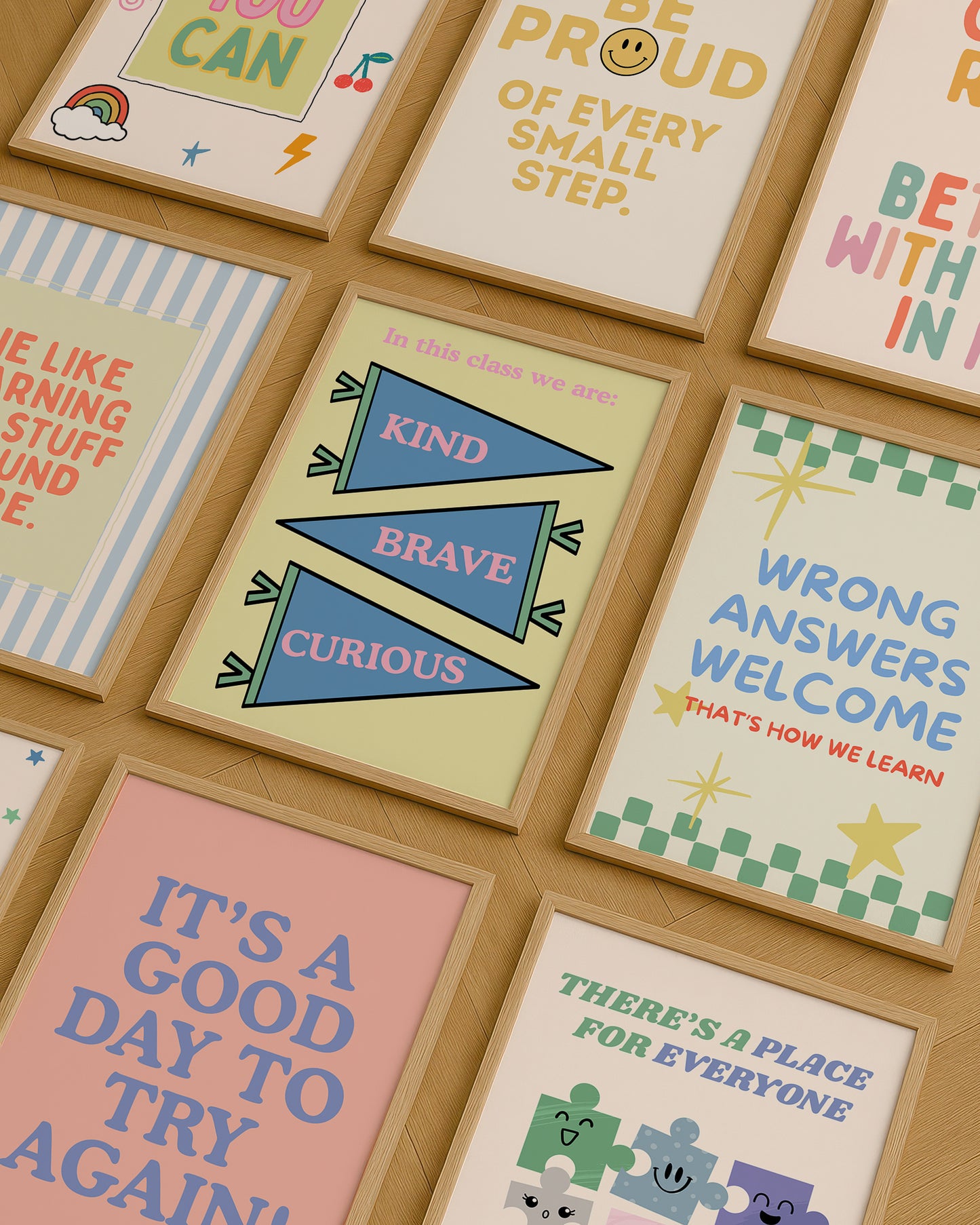 Set of 10 pastel classroom prints in a retro style, including blue pennant flags reading kind, brave, curious, a daily feelings check-in chart with smiling star, cloud, and sun characters, a puzzle piece print reading "There's a place for everyone," and colourful typography posters with quotes like "Wrong answers welcome," "Yes you can," and "It's a good day to try again."