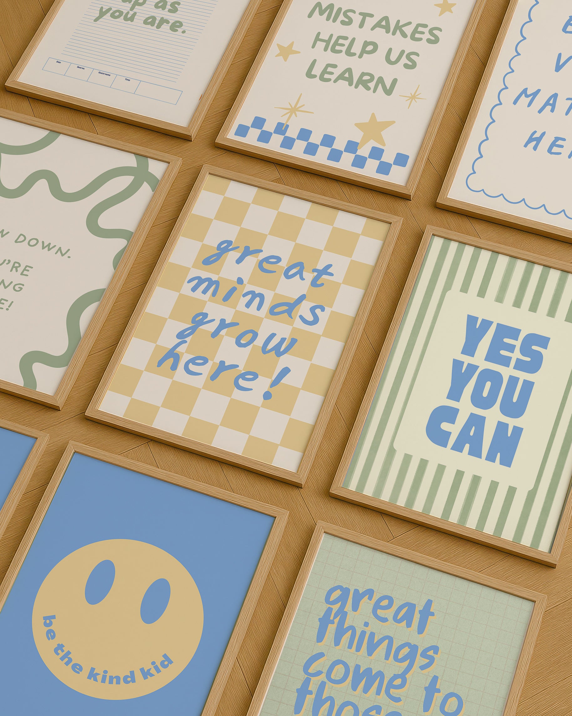 Set of 10 classroom prints in blue, green, and yellow: Yes You Can, Every Voice Matters Here, Slow Down You're Doing Fine, Progress Over Perfection, a starburst Welcome illustration, an Attendance Check print reading Show Up As You Are, Great Minds Grow Here on a checkered background, a smiley face reading Be the Kind Kid, Mistakes Help Us Learn, and Great Things Come to Those Who Try.