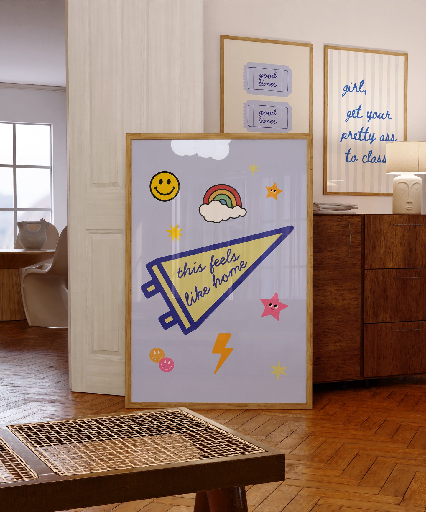 Set of 3 vertical preppy blue dorm room prints featuring a cursive stripe quote, a varsity pennant with stickers, and a retro good times ticket design