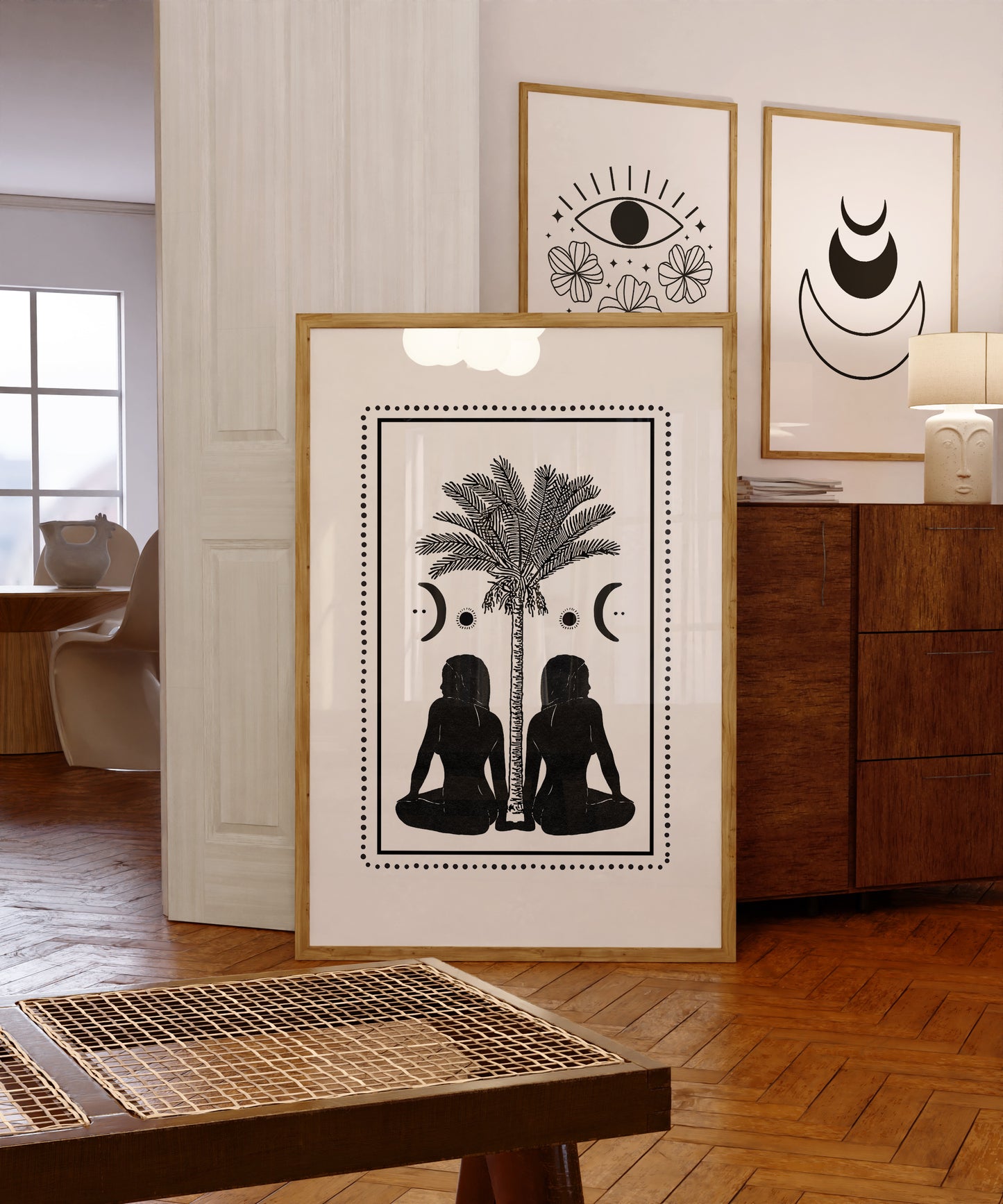 Black & White Boho Palm Art Print/ Mystical Sisterhood Art Print Feminine Energy Artwork