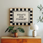 What's For Dinner black white checkered horizontal art print above sideboard — funny bold kitchen wall decor instant download