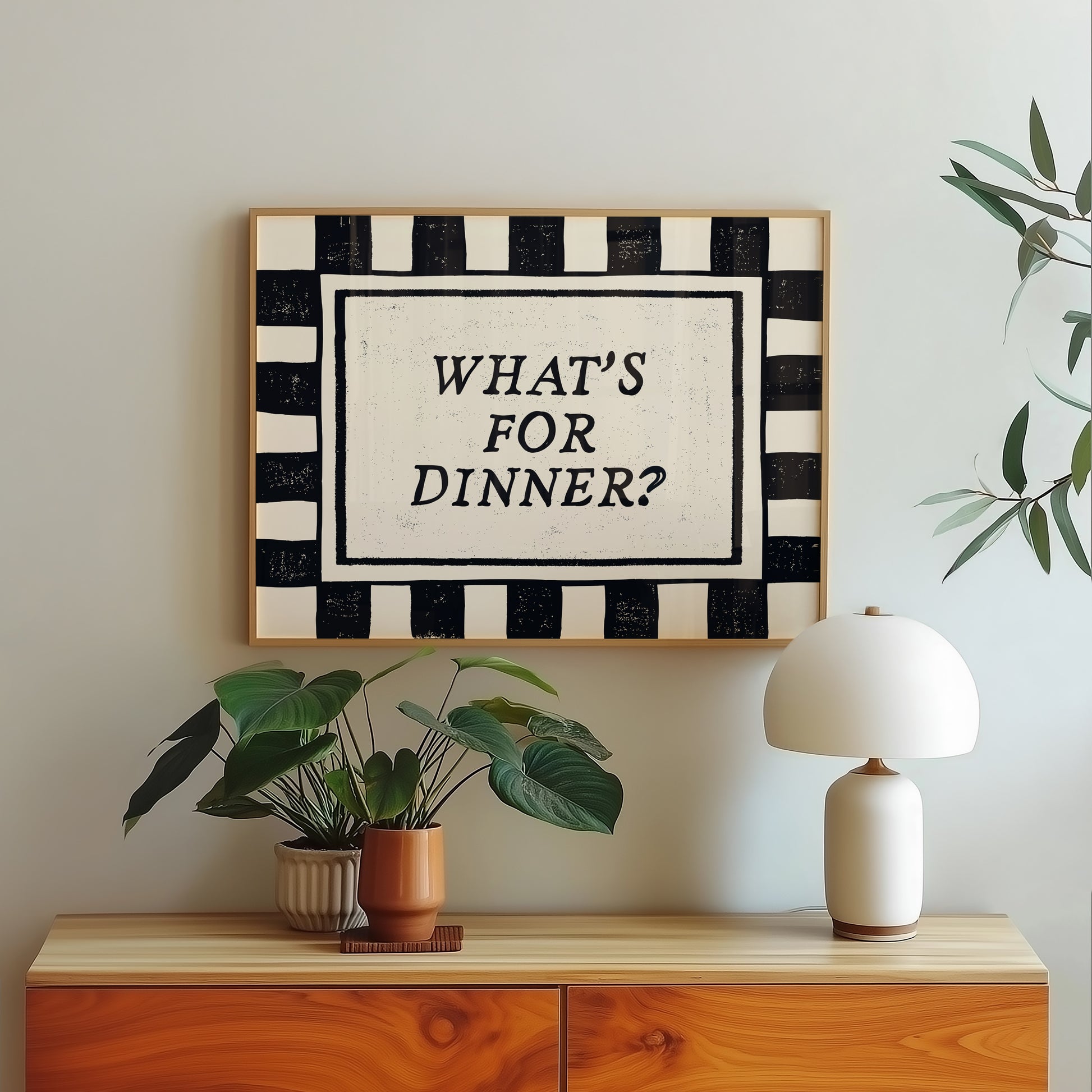 What's For Dinner black white checkered horizontal art print above sideboard — funny bold kitchen wall decor instant download