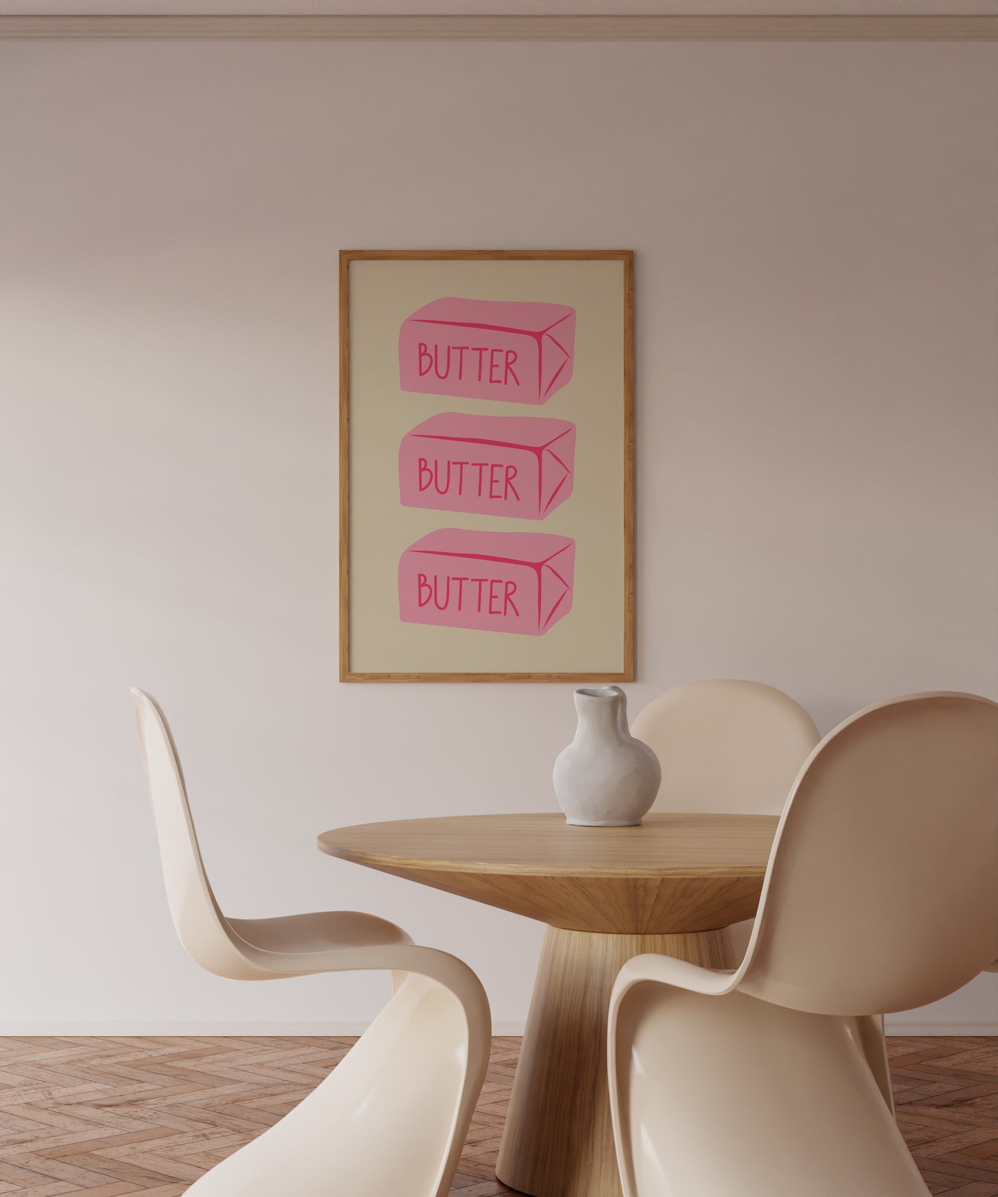 Vertical sage green wall print featuring three stacked illustrated pink butter blocks each labelled BUTTER in bold pink handwritten font