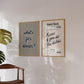 Set of two kitchen prints: "What's for dinner?" in bold striped typography, and "Kisses if you do the dishes" styled as a vintage guest check ticket