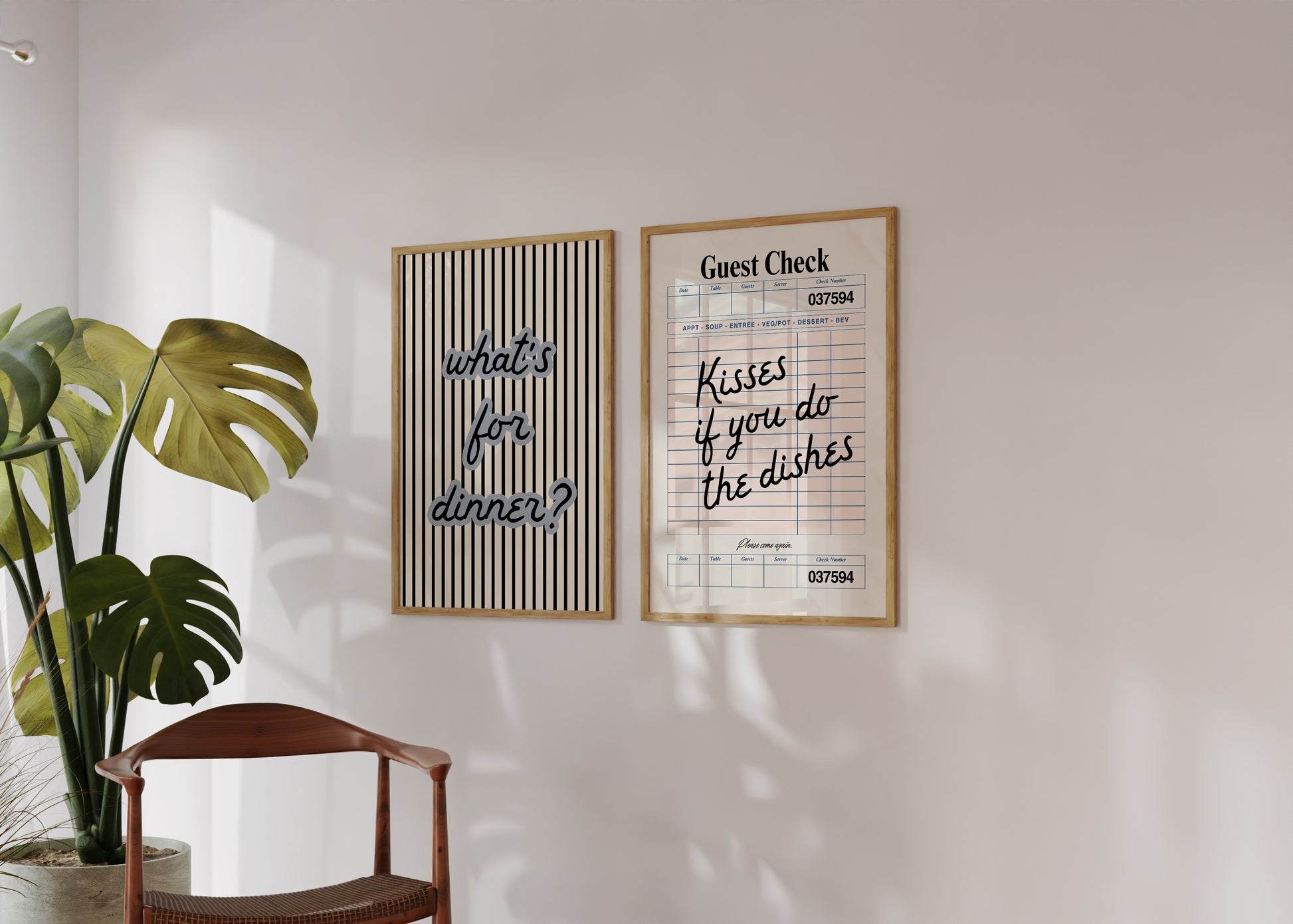 Set of two kitchen prints: "What's for dinner?" in bold striped typography, and "Kisses if you do the dishes" styled as a vintage guest check ticket