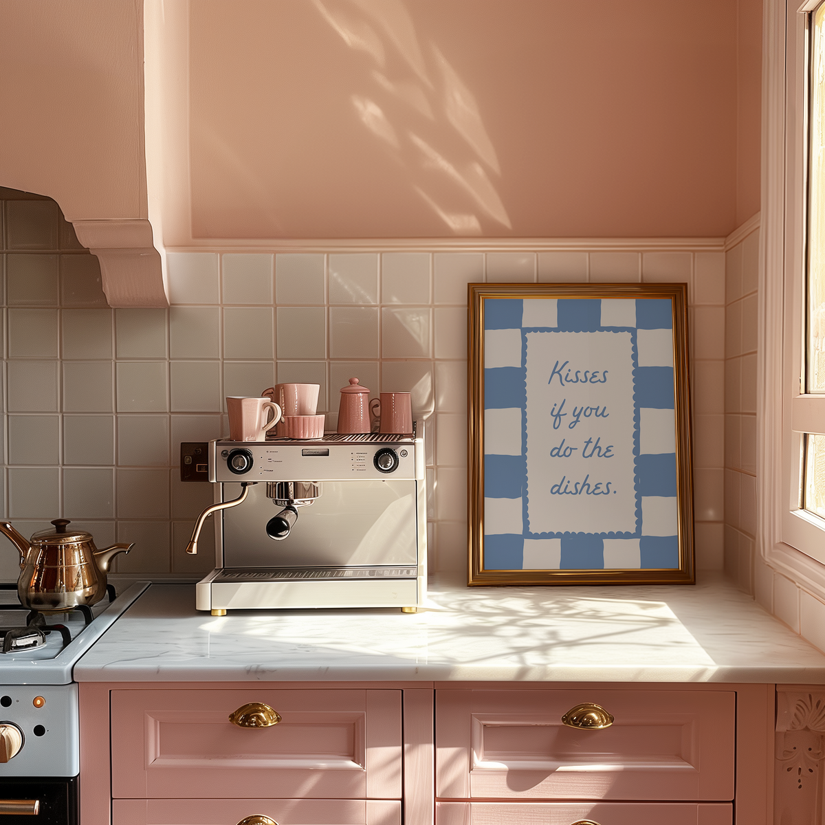 Kisses If You Do The Dishes | Blue Gingham Kitchen Print