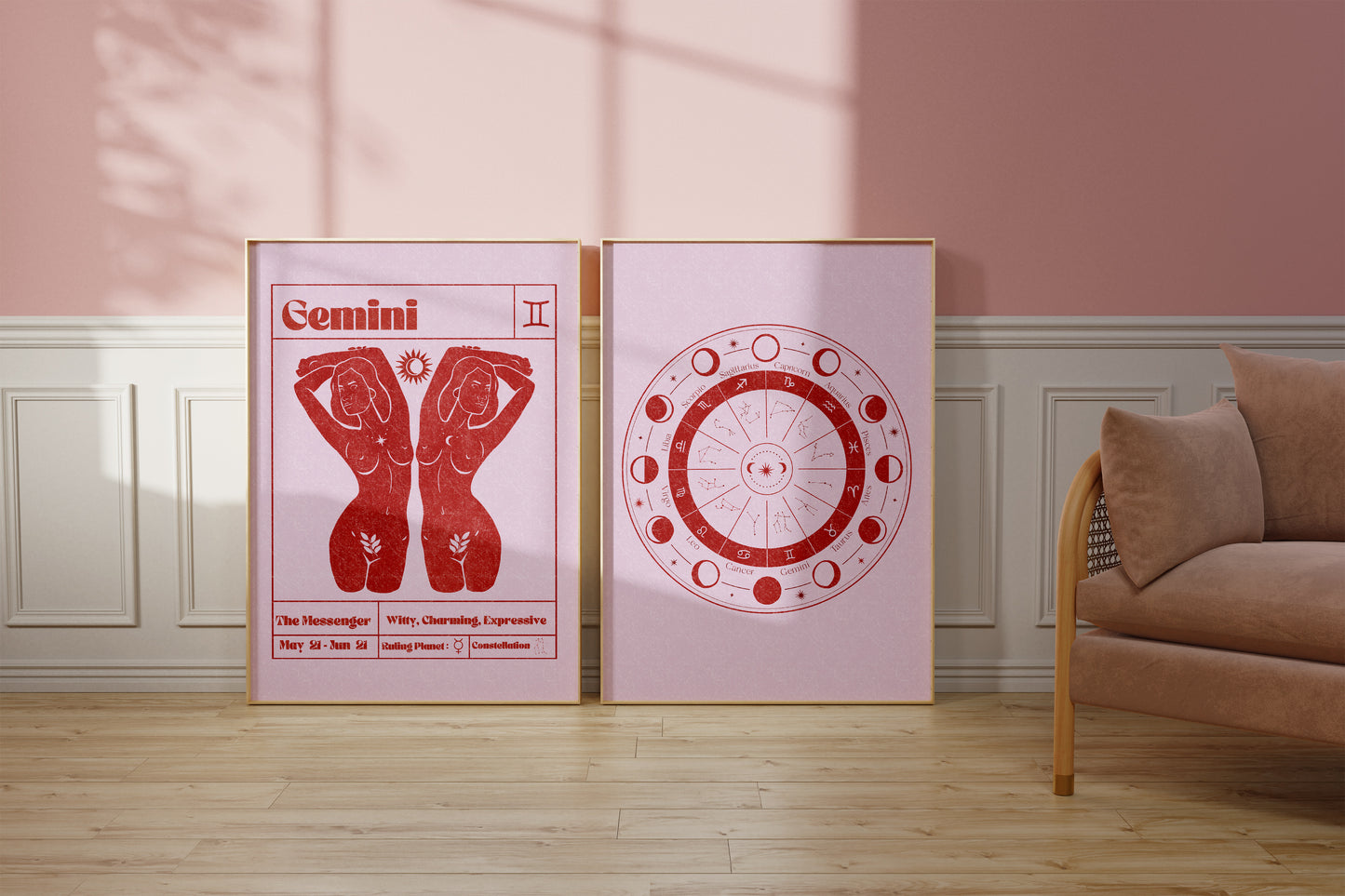 Retro Zodiac Gemini Goddess Wall Art Print, Sun Sign Art Set of 2