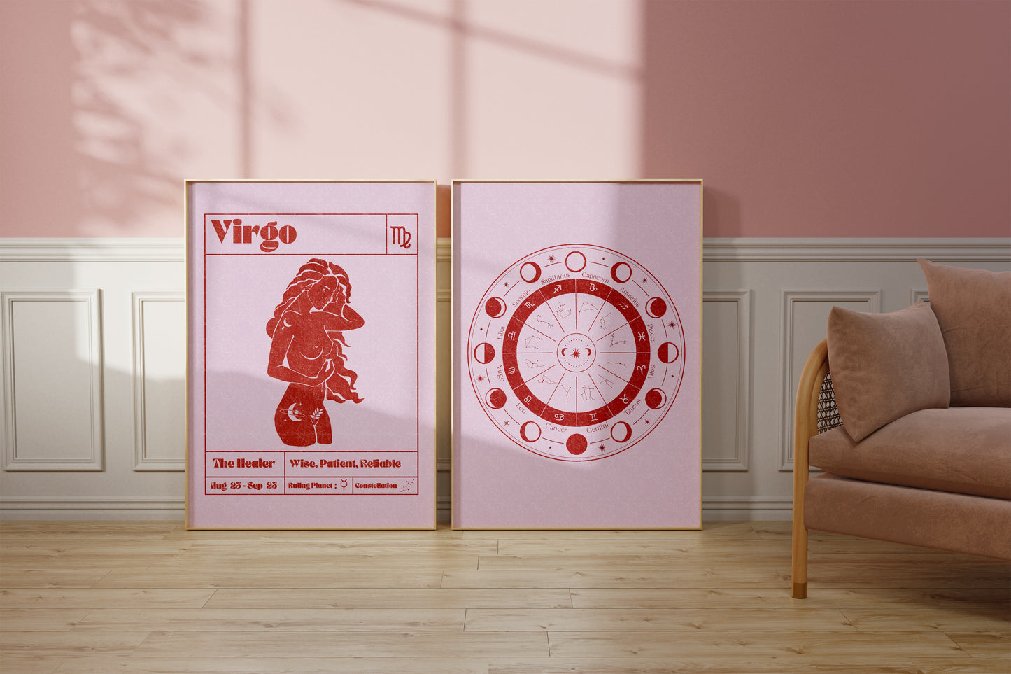 Retro Zodiac Virgo Goddess Wall Art Print, Sun Sign Art Set of 2