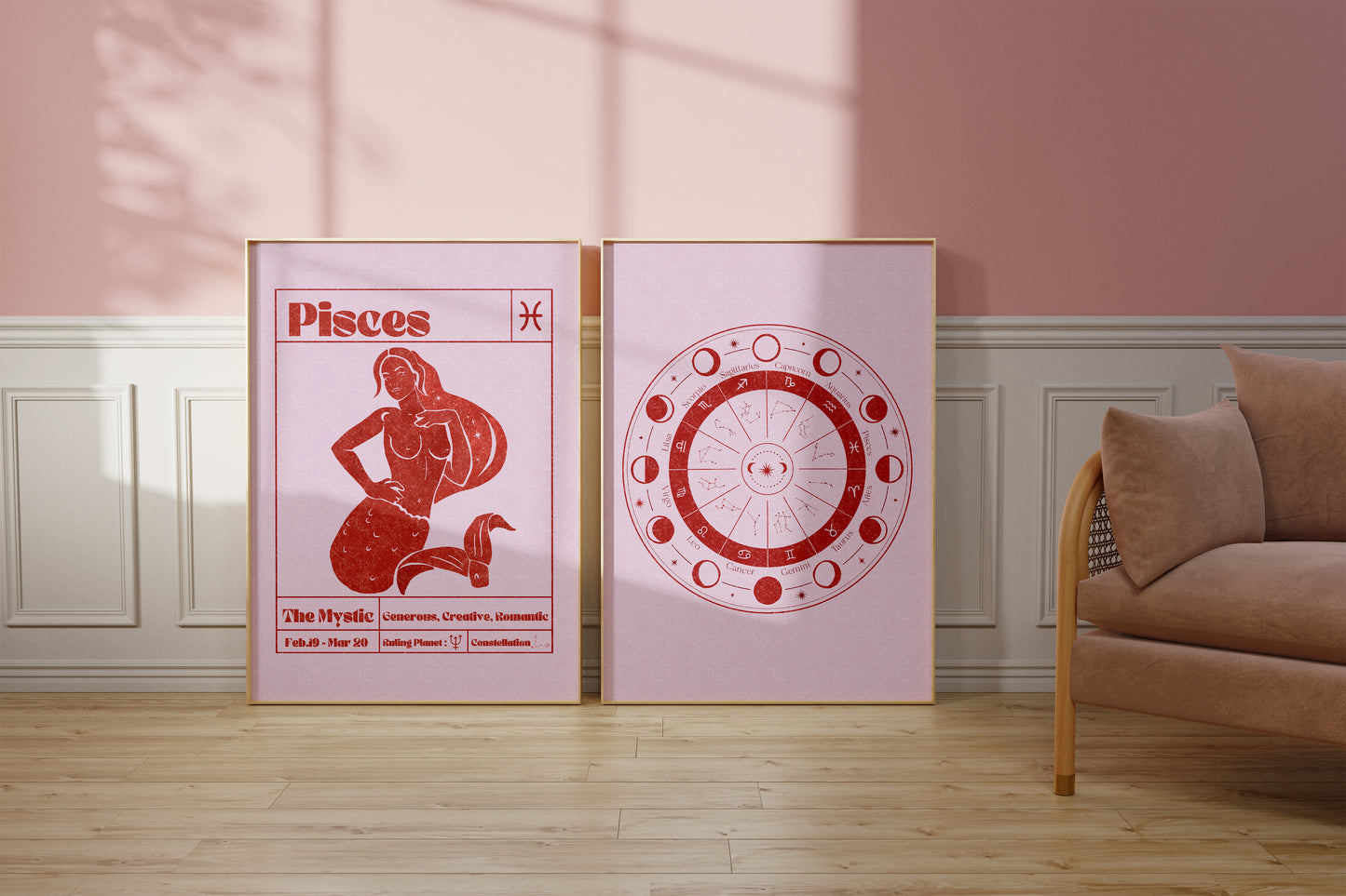 Retro Zodiac Pisces Goddess Wall Art Print, Sun Sign Art Set of 2