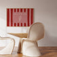 Horizontal print with bold red and pink vertical stripes and a hand-drawn ice cream cone illustration inside a rectangular border, with the words "HAVE A SWEET TREAT" in outlined block lettering.