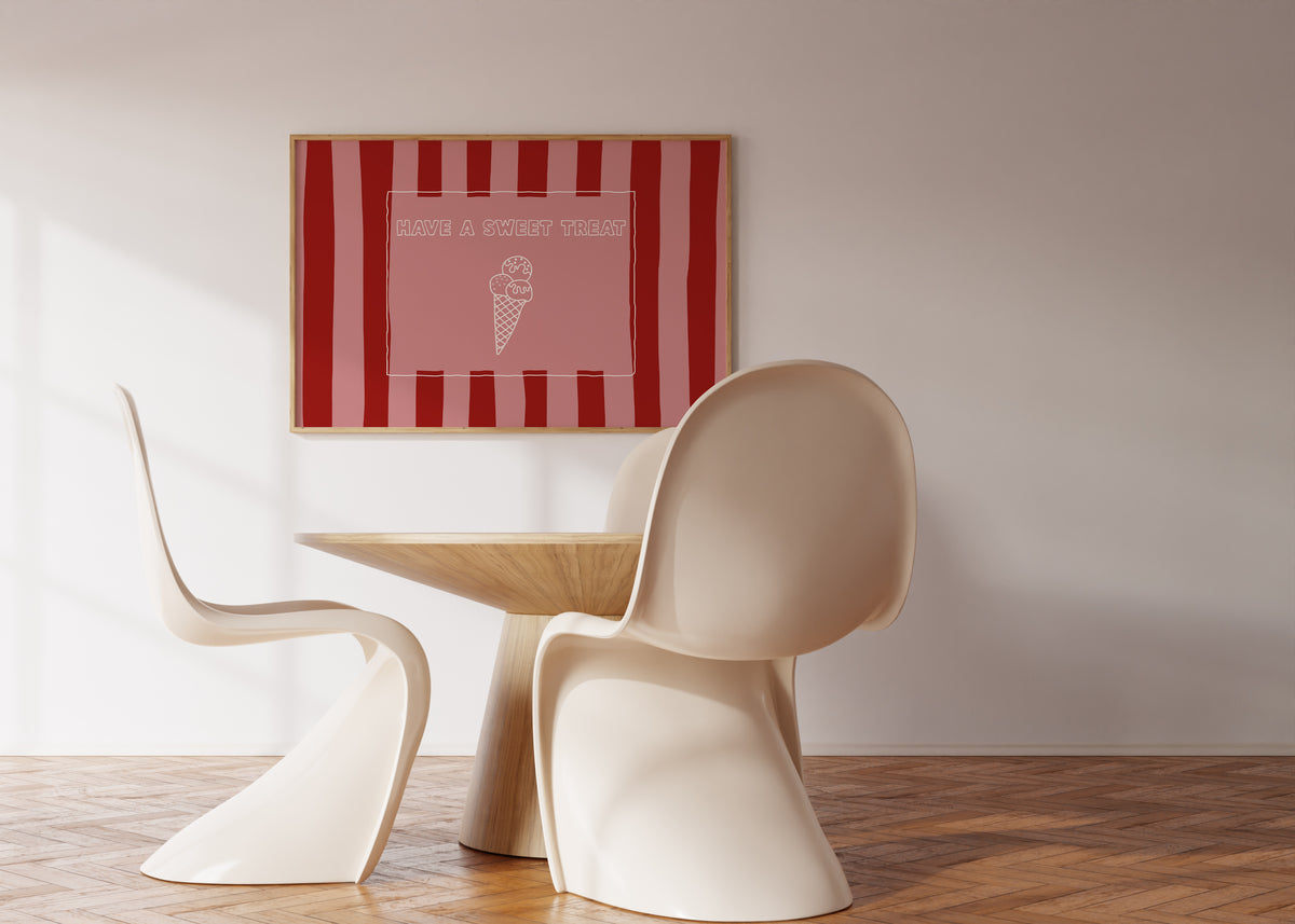 Horizontal print with bold red and pink vertical stripes and a hand-drawn ice cream cone illustration inside a rectangular border, with the words "HAVE A SWEET TREAT" in outlined block lettering.