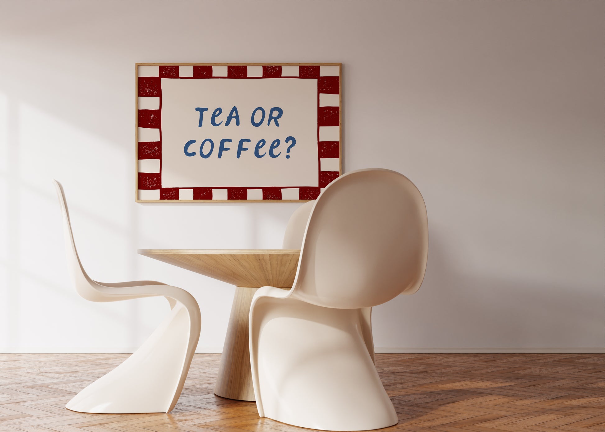 White print with a red checkered border and "Tea or Coffee?" in bold navy retro lettering