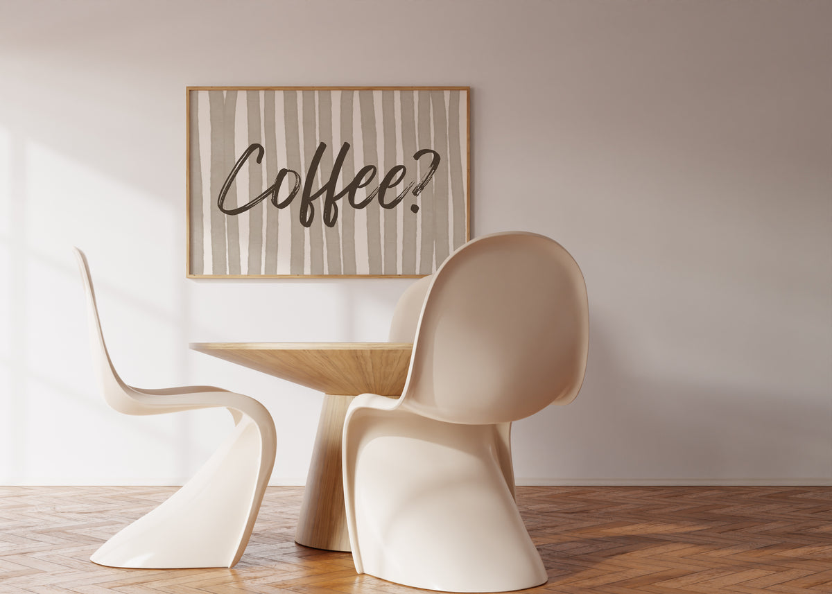 Beige and cream striped print with "Coffee?" in bold brown brush script