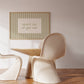 Horizontal wall print with soft sage green vertical stripes and a cream scalloped border text box reading spark joy or get out in matching sage green cursive font