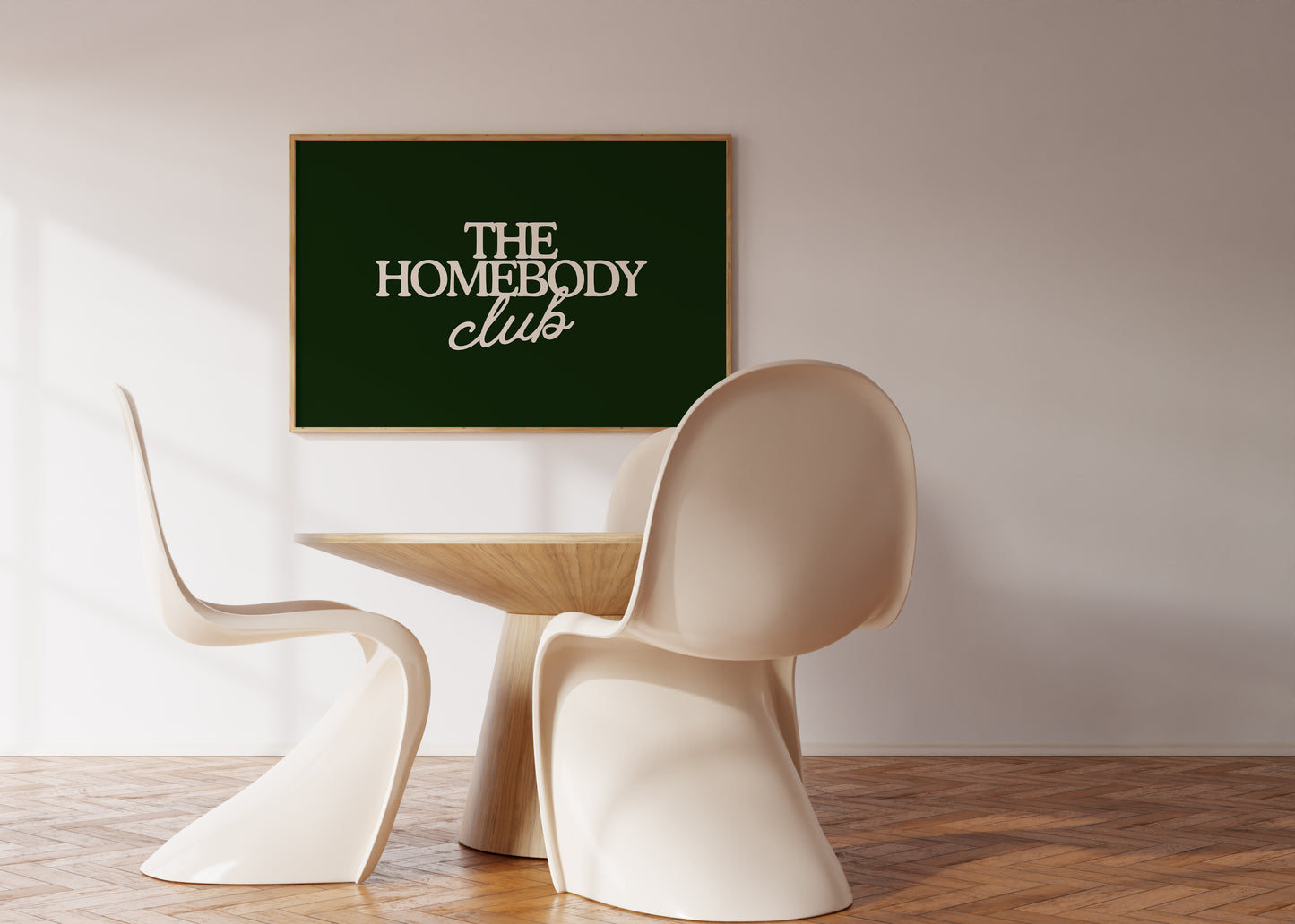 Dark green print with "The Homebody Club" in cream serif and script typography