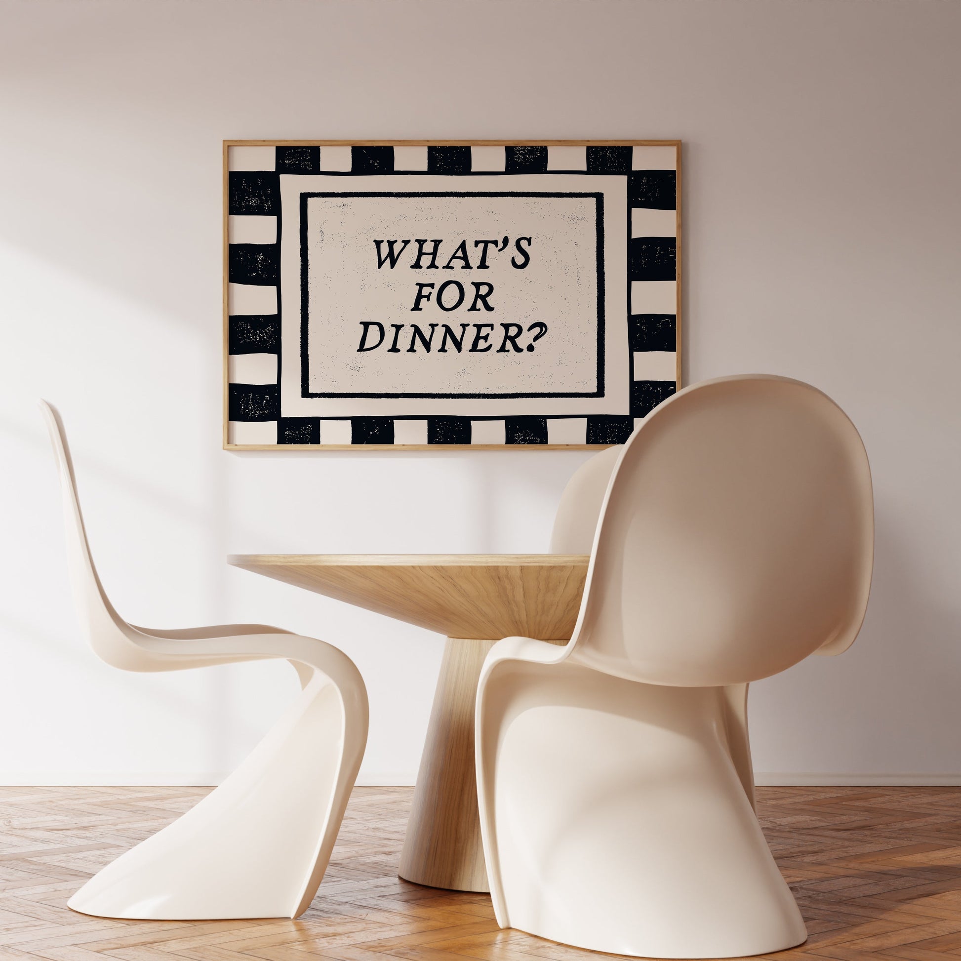 What's For Dinner bold checkered horizontal print in landscape room frame — graphic kitchen wall decor