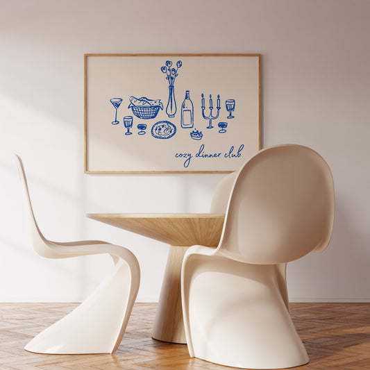 Blue 'Cozy Dinner Club' illustrated art print — dinner party kitchen or dining room wall decor