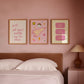 Pink dorm room gallery set of 3 in pink bedroom — Girl Get Your Pretty Ass To Class, This Feels Like Home pennant and Good Times ticket prints