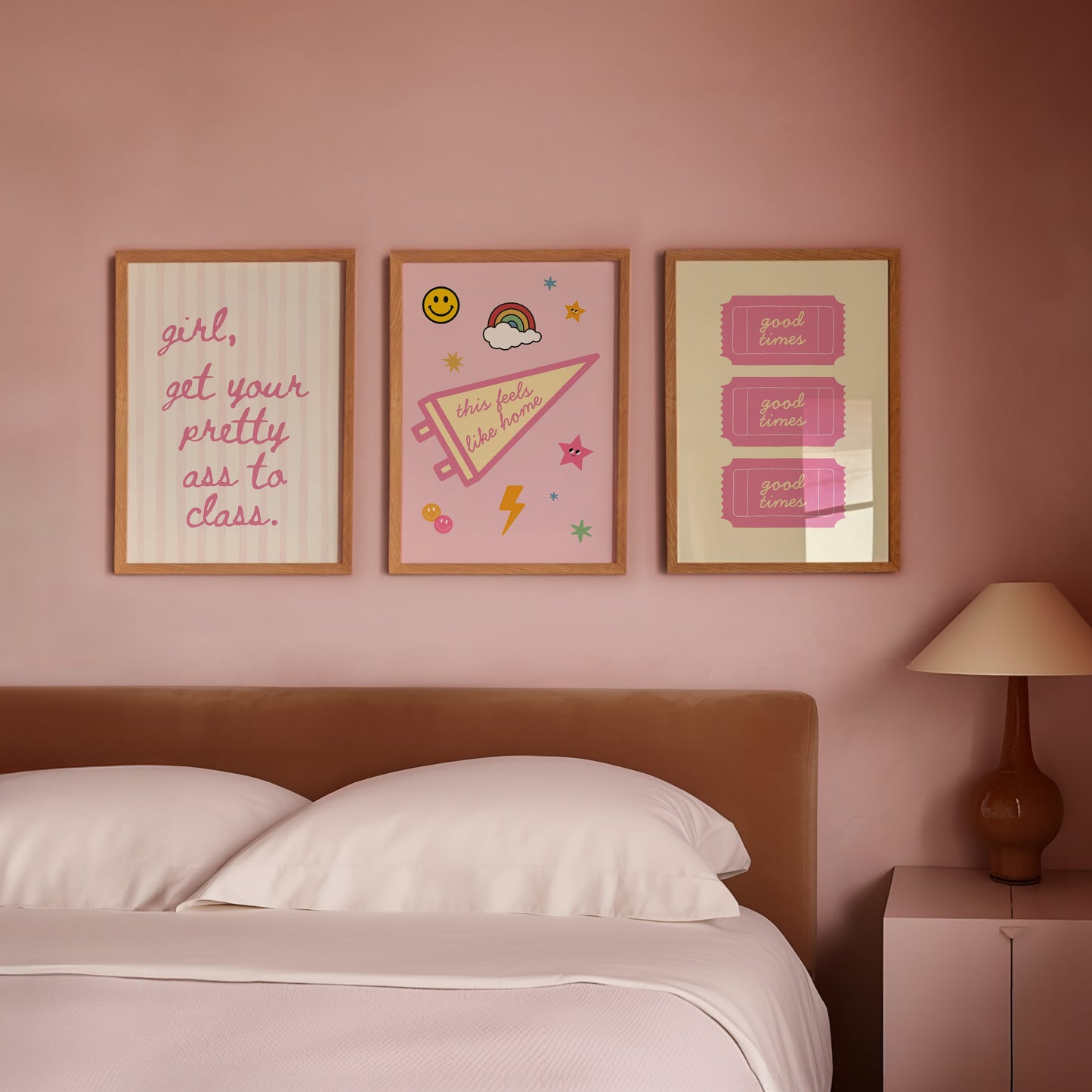 Pink dorm room gallery set of 3 in pink bedroom — Girl Get Your Pretty Ass To Class, This Feels Like Home pennant and Good Times ticket prints