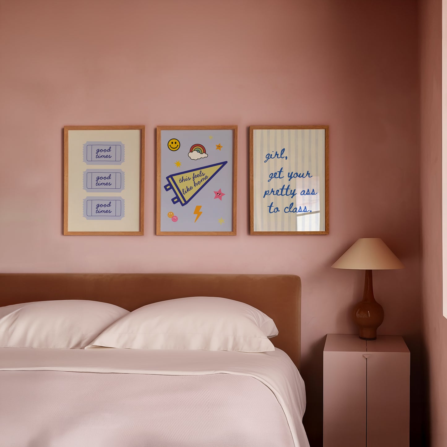 Set of 3 vertical preppy blue dorm room prints featuring a cursive stripe quote, a varsity pennant with stickers, and a retro good times ticket design