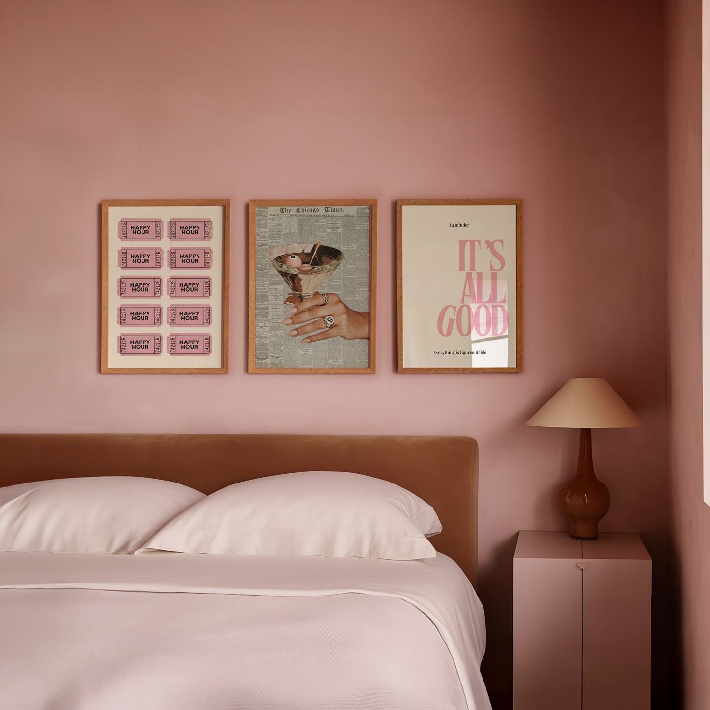 Set of three prints featuring bold pink 'It's All Good' typography, a vintage newspaper cocktail print, and a pink 'Happy Hour' ticket grid
