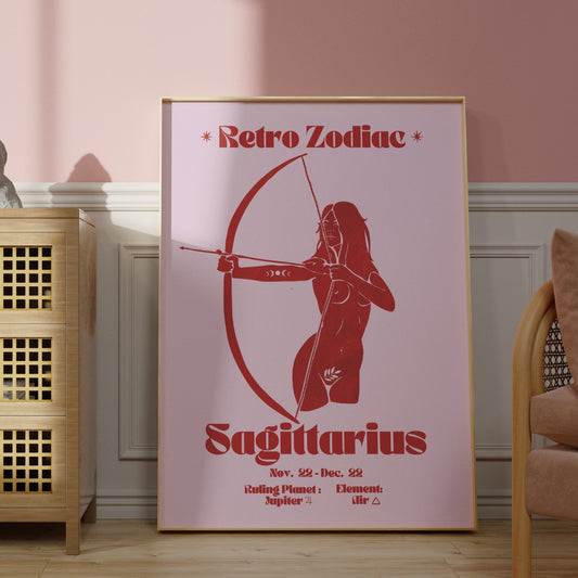 Retro Zodiac Sagittarius Goddess Wall Art Print, Sun Sign Art