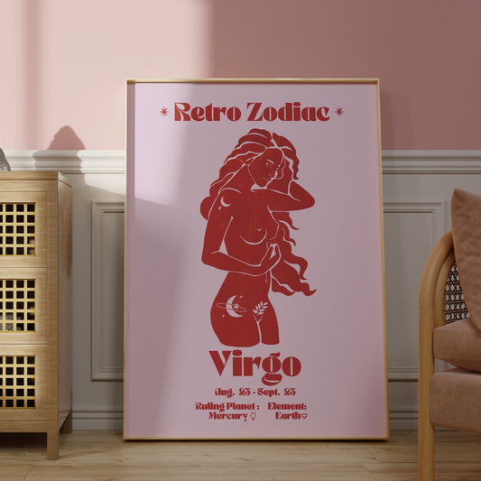 Retro Zodiac Virgo Goddess Wall Art Print, Sun Sign Art