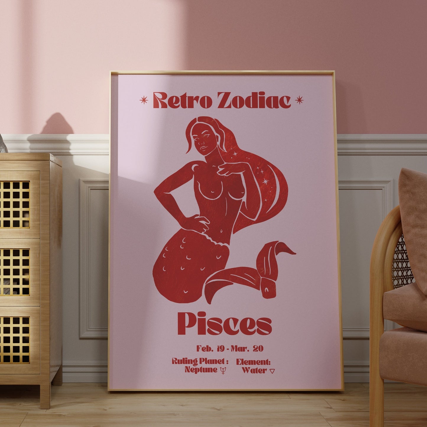 Retro Zodiac Pisces Goddess Wall Art Print, Sun Sign Art