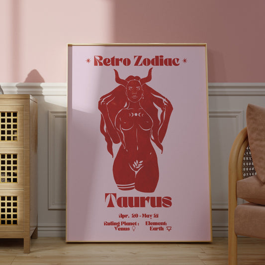 Retro Zodiac Taurus Goddess Wall Art Print, Sun Sign Art