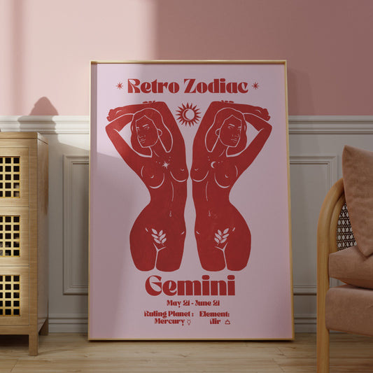 Retro Zodiac Gemini Goddess Wall Art Print, Sun Sign Art