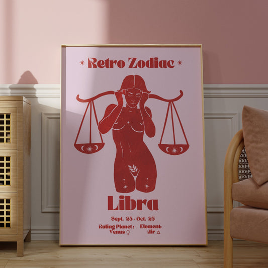 Retro Zodiac Libra Goddess Wall Art Print, Sun Sign Art