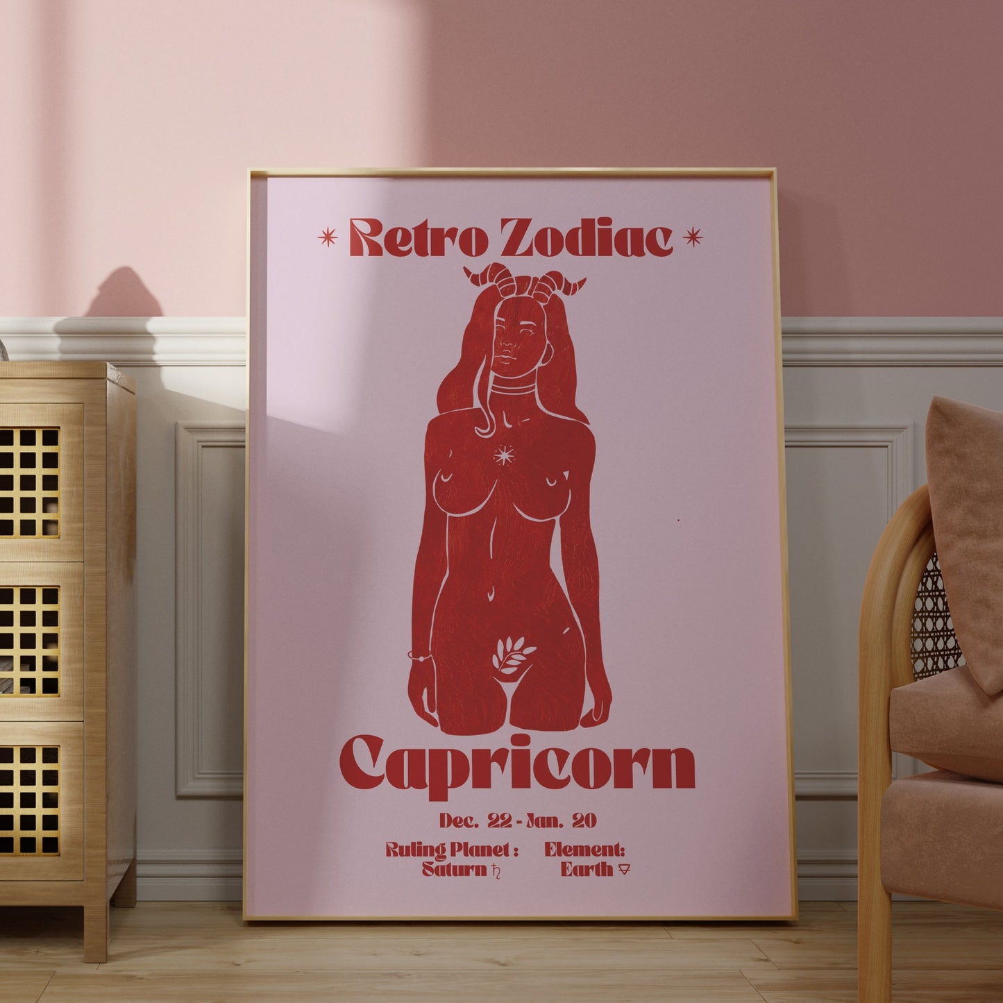 Retro Zodiac Capricorn Goddess Wall Art Print, Sun Sign Art